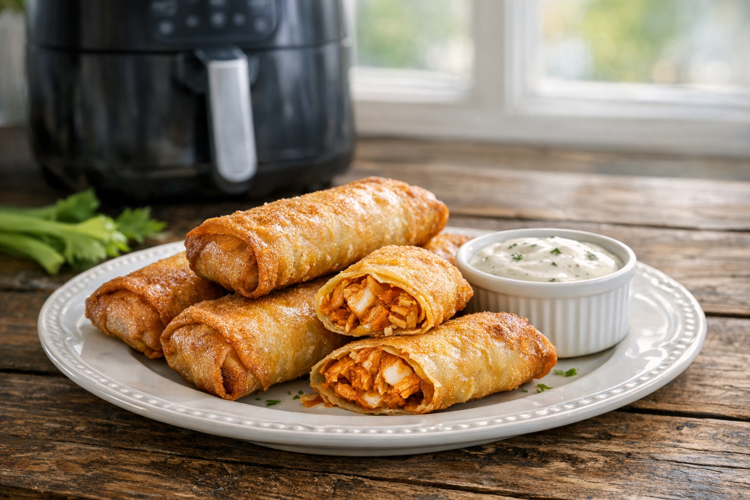 Air Fryer Buffalo Chicken Egg Rolls with Ranch Dip