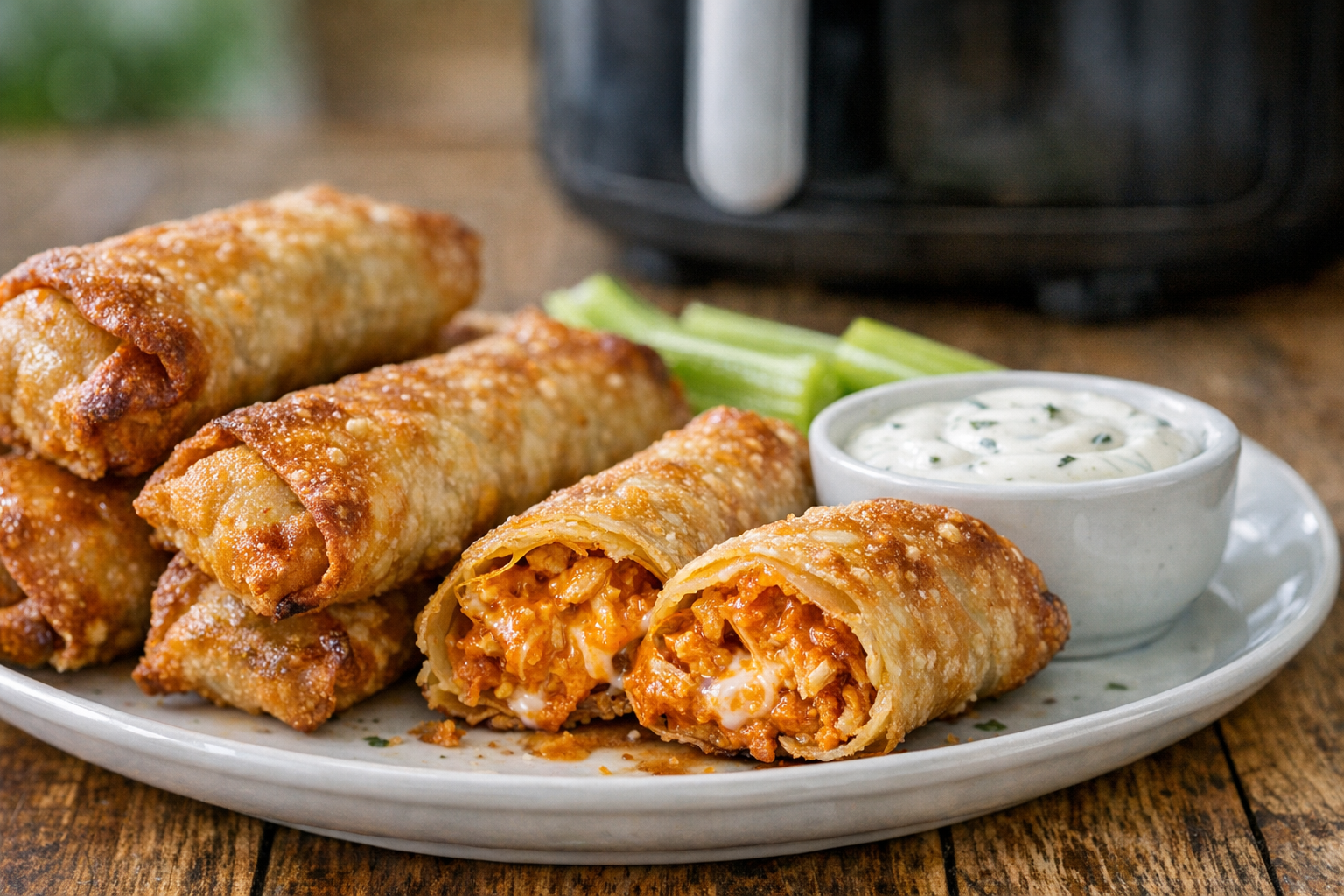 Air Fryer Buffalo Chicken Egg Rolls with Ranch Dip