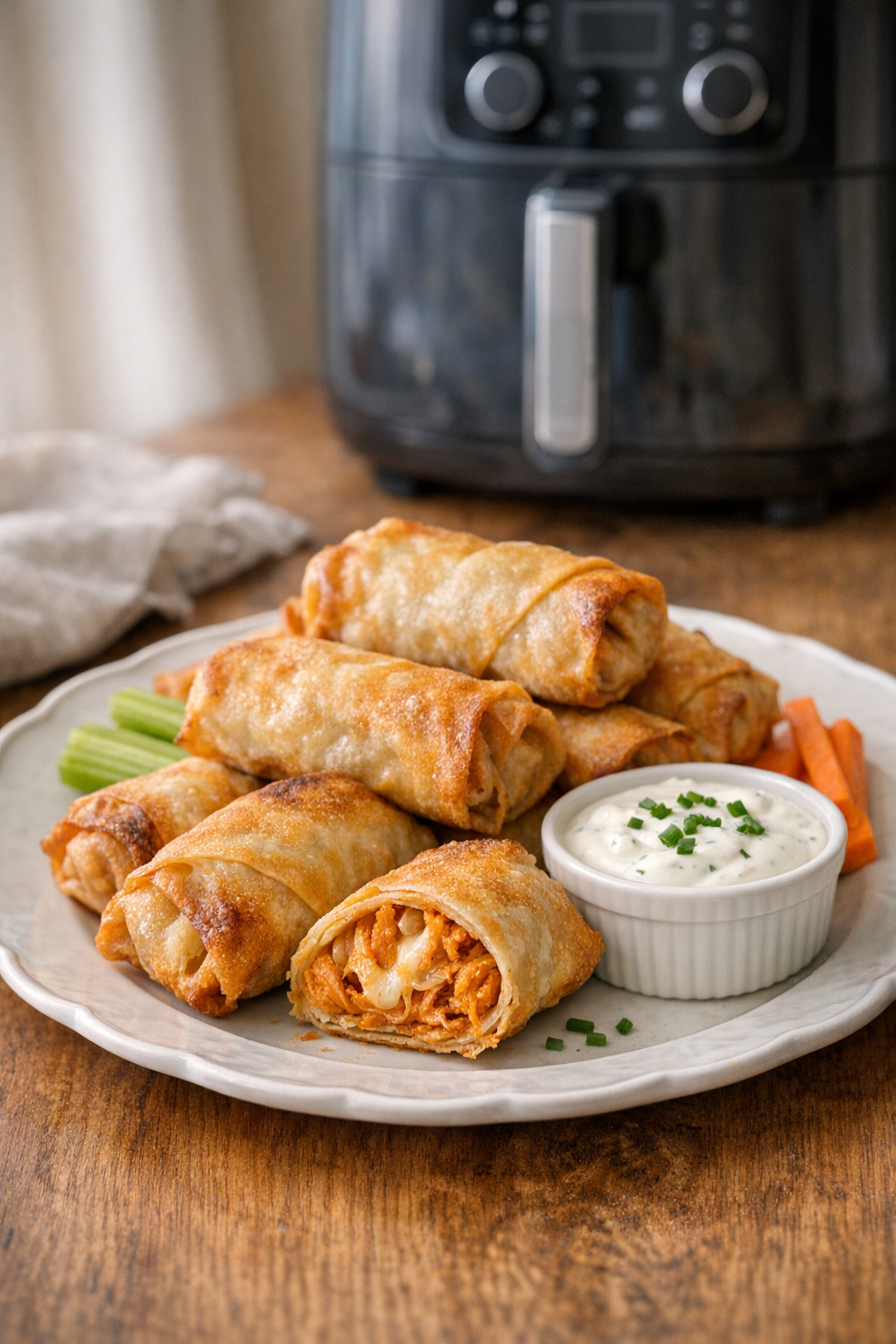 Air Fryer Buffalo Chicken Egg Rolls with Ranch Dip
