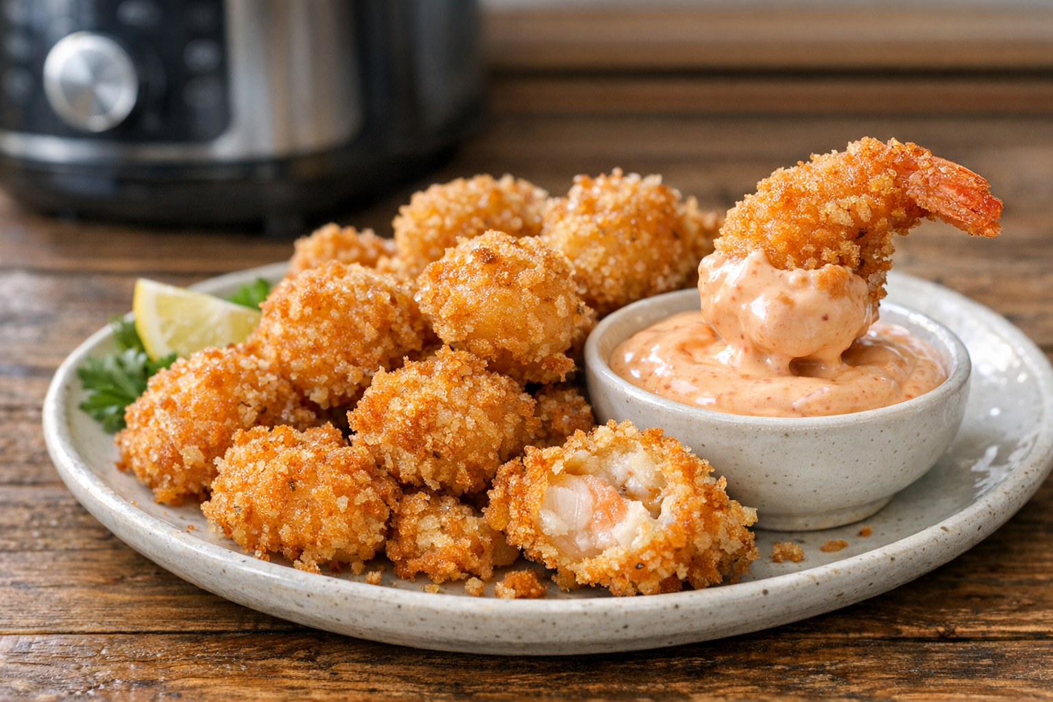 Air Fryer Popcorn Shrimp with Spicy Mayo Dip
