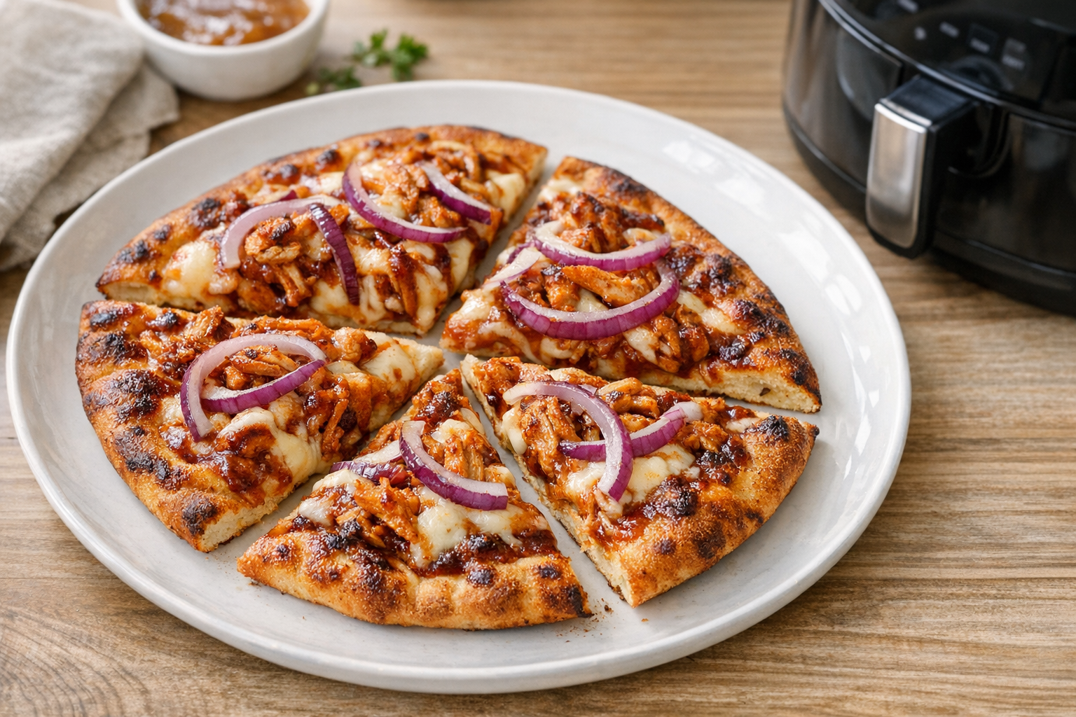 Air Fryer BBQ Chicken Flatbread with Red Onion