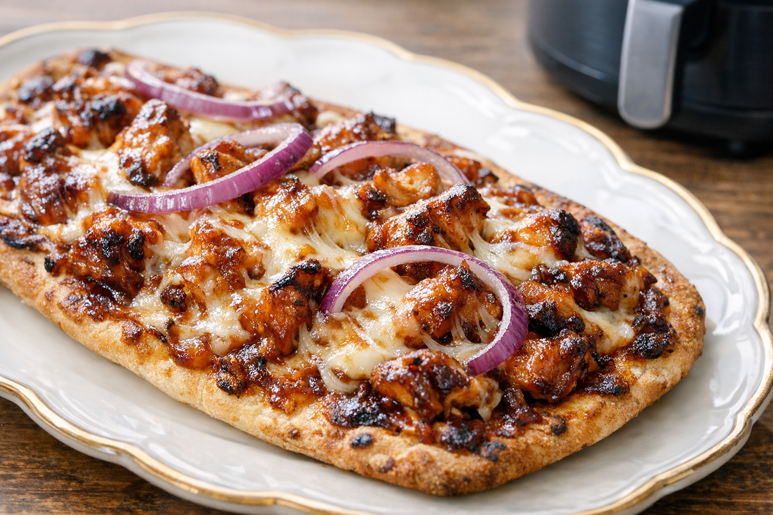 Air Fryer BBQ Chicken Flatbread with Red Onion