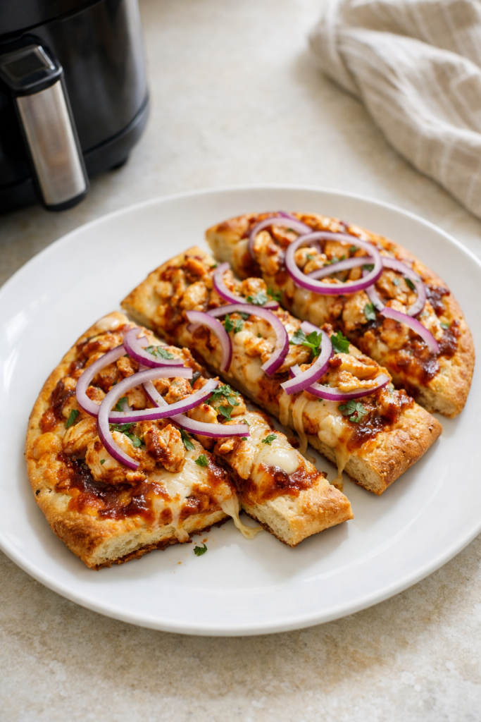 Air Fryer BBQ Chicken Flatbread with Red Onion
