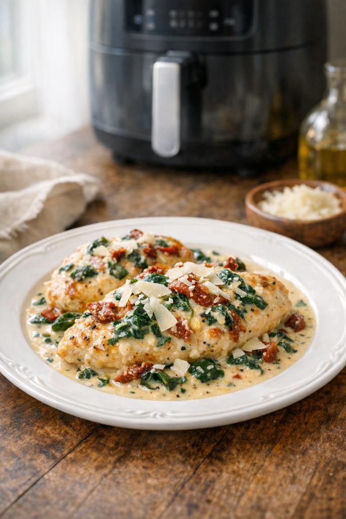 Air Fryer Creamy Tuscan Chicken with Spinach and Parmesan