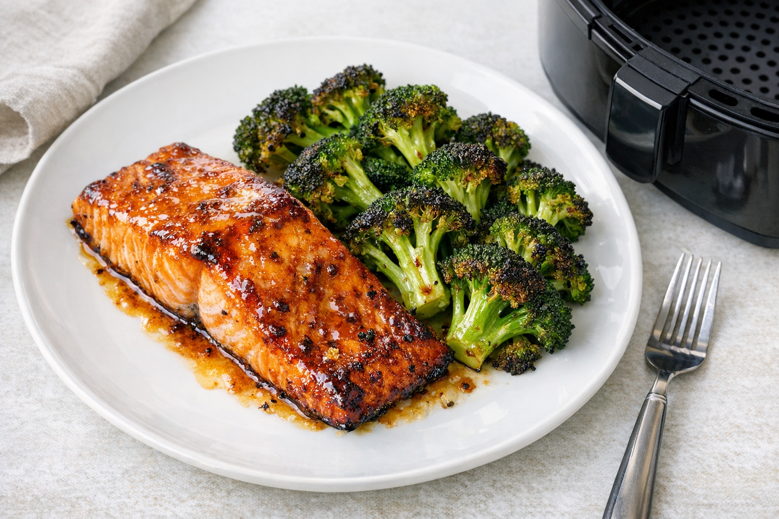 Air Fryer Maple Dijon Salmon with Roasted Broccoli