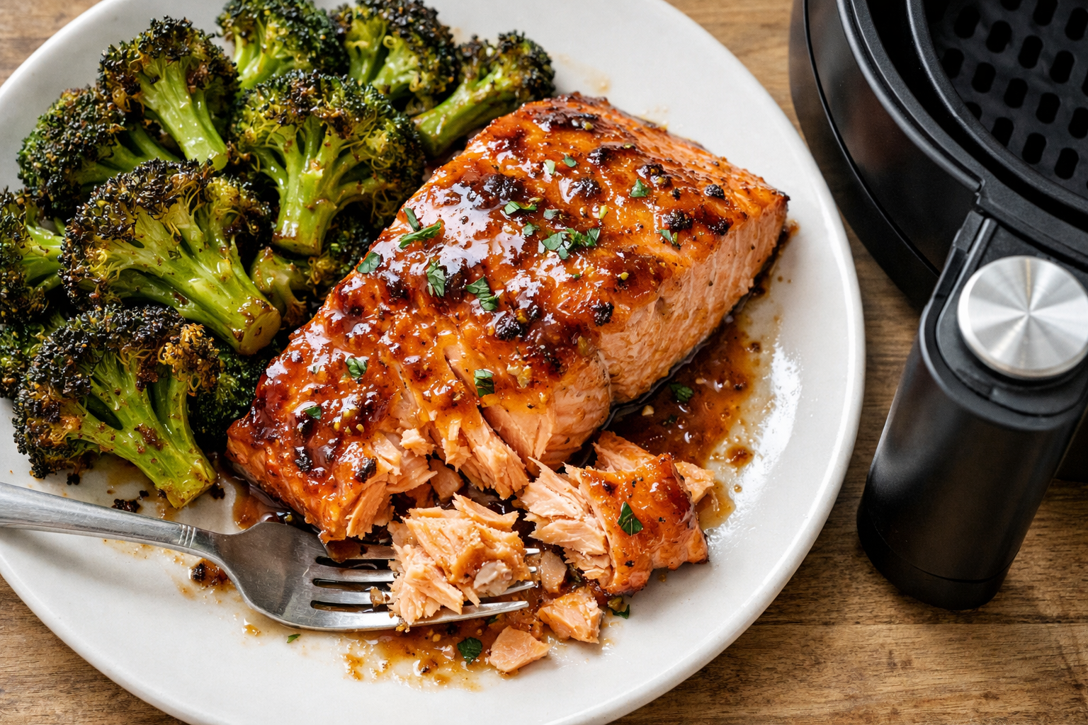 Air Fryer Maple Dijon Salmon with Roasted Broccoli