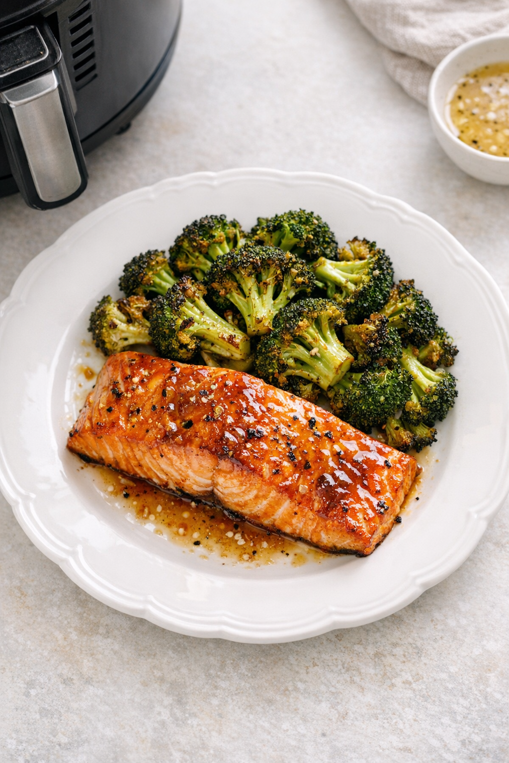 Air Fryer Maple Dijon Salmon with Roasted Broccoli