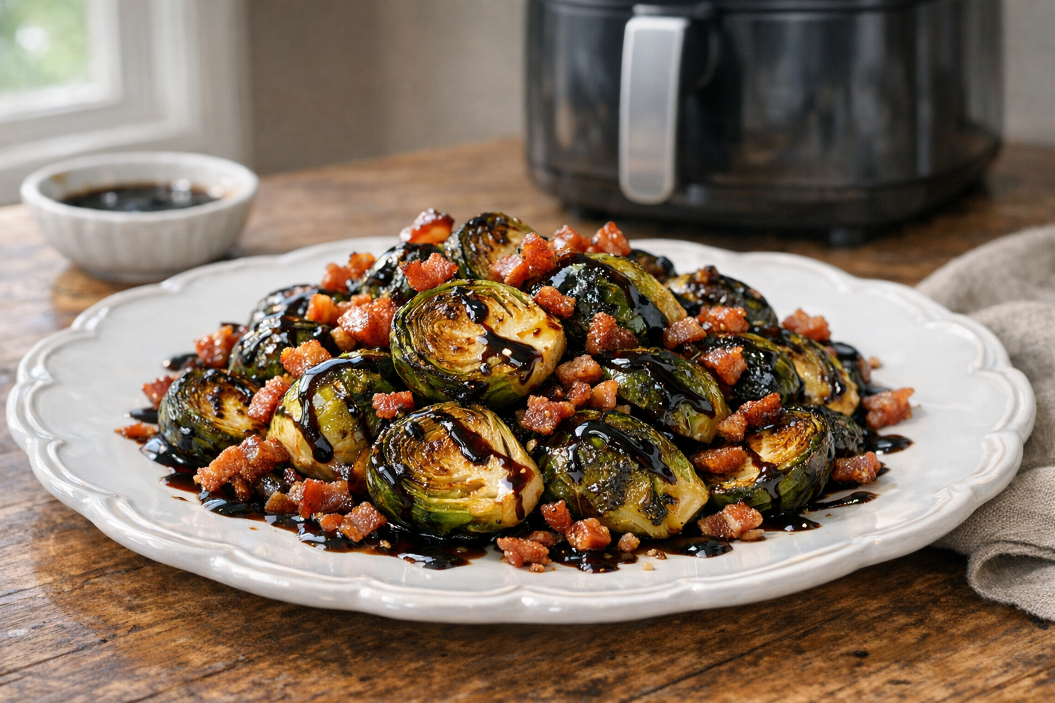 Air Fryer Brussels Sprouts with Balsamic Glaze & Bacon