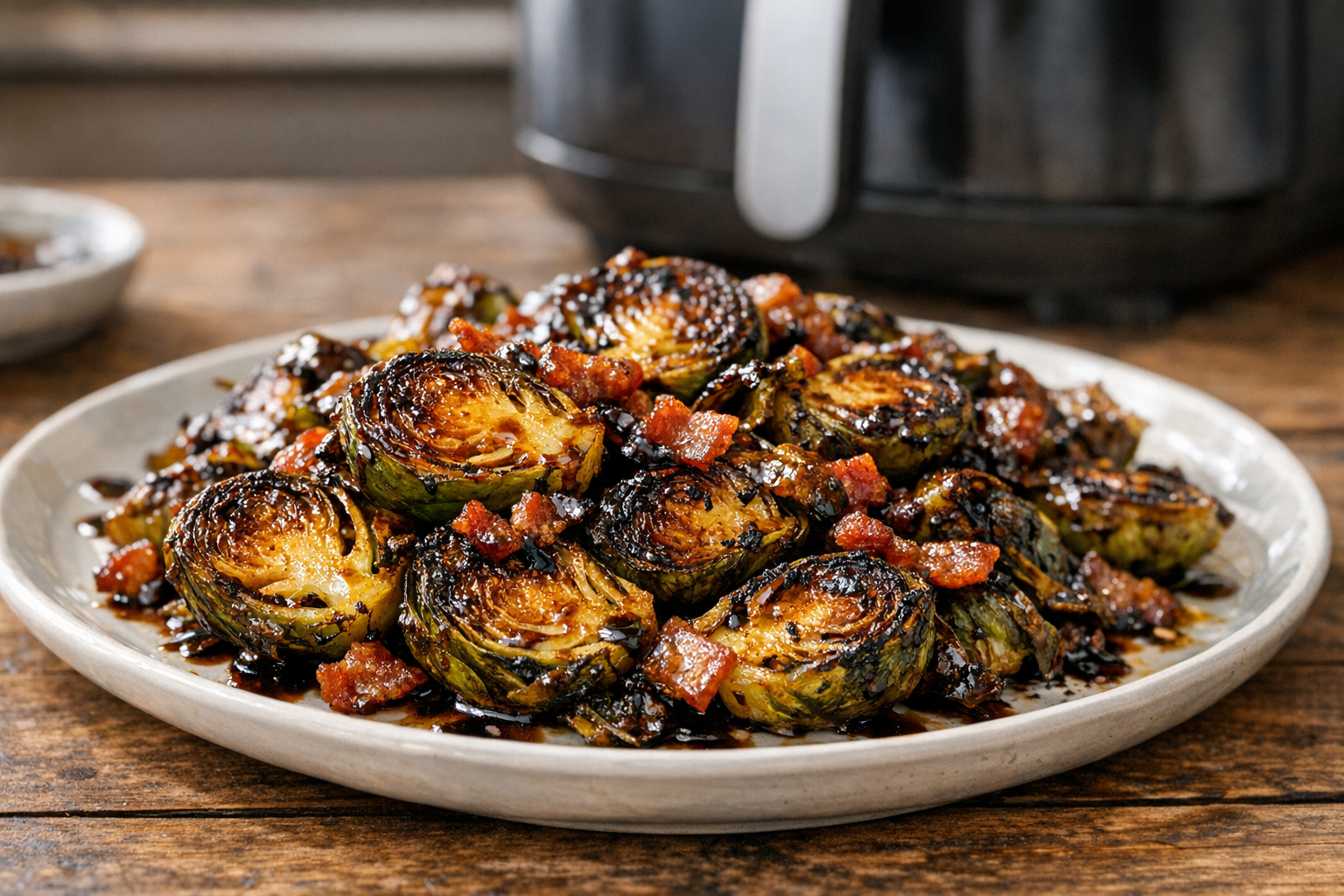 Air Fryer Brussels Sprouts with Balsamic Glaze & Bacon