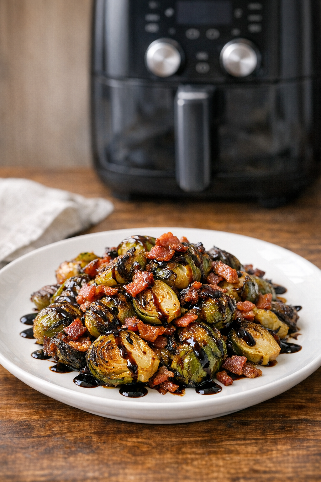 Air Fryer Brussels Sprouts with Balsamic Glaze and Bacon