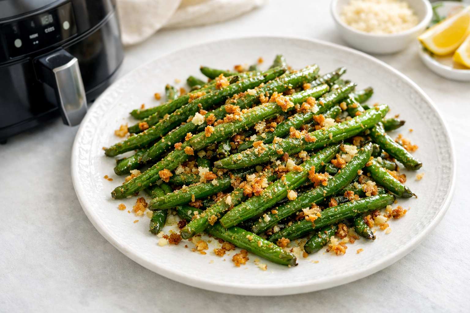 Air Fryer Garlic Parmesan Green Beans (Crispy Bits)