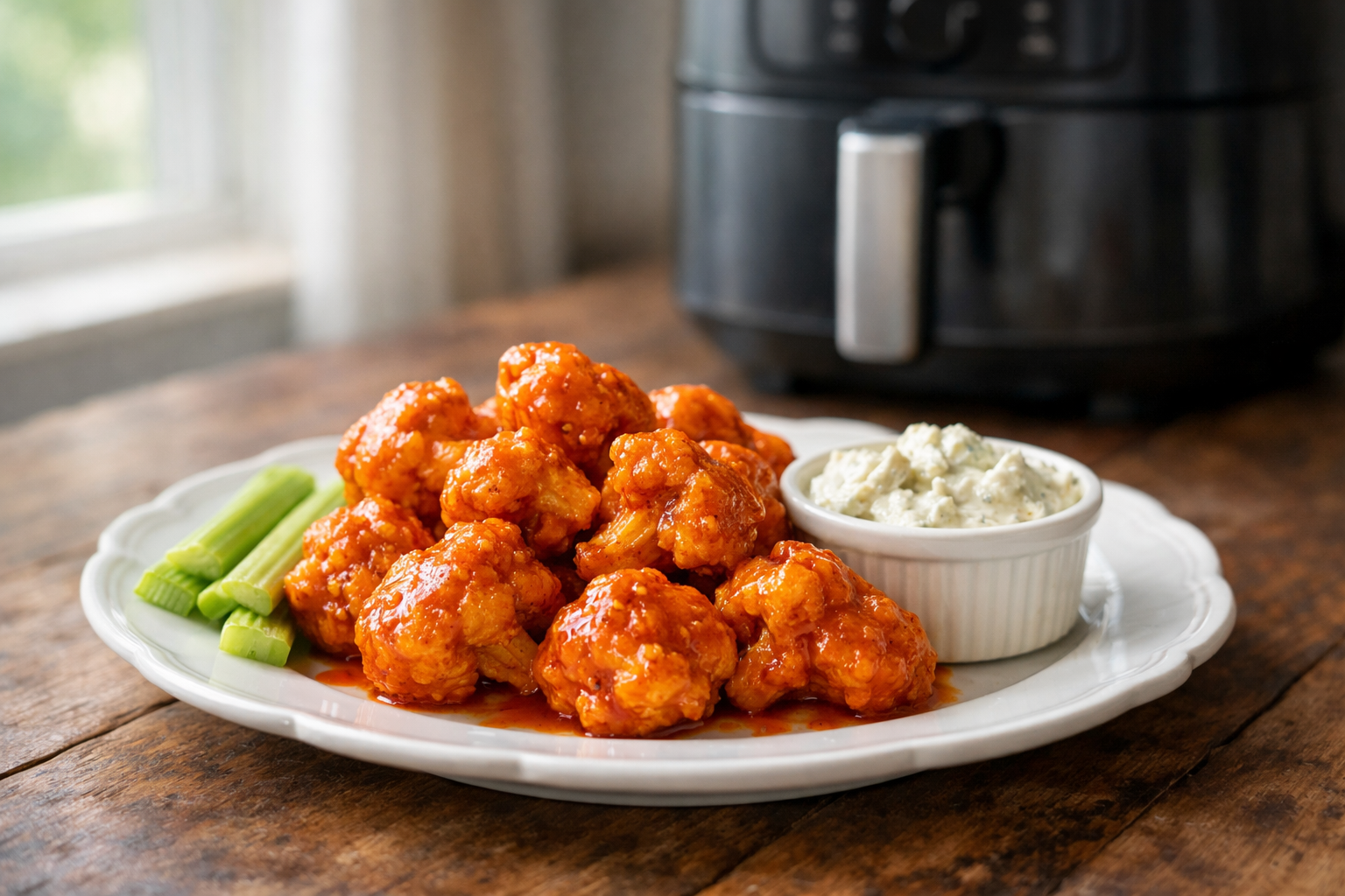 Air Fryer Buffalo Cauliflower Bites (Blue Cheese Dip)