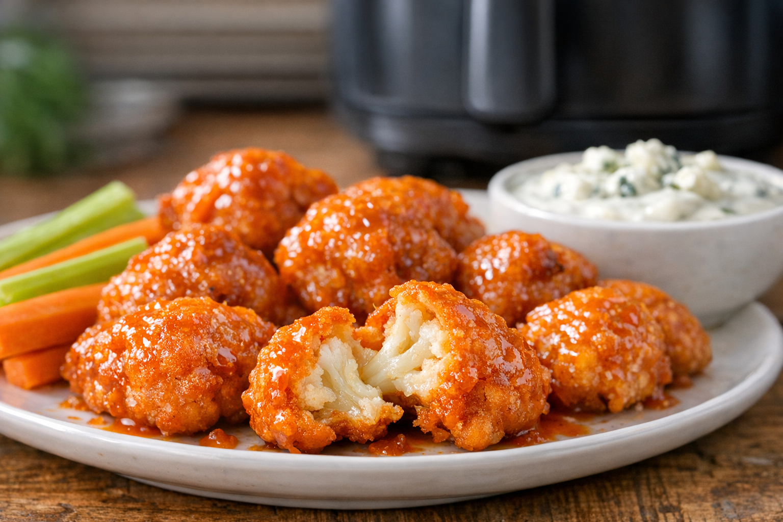 Air Fryer Buffalo Cauliflower Bites (Blue Cheese Dip)