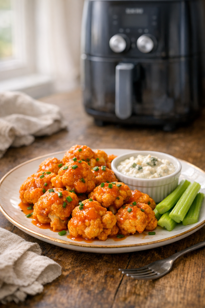 Air Fryer Buffalo Cauliflower Bites with Blue Cheese Dip