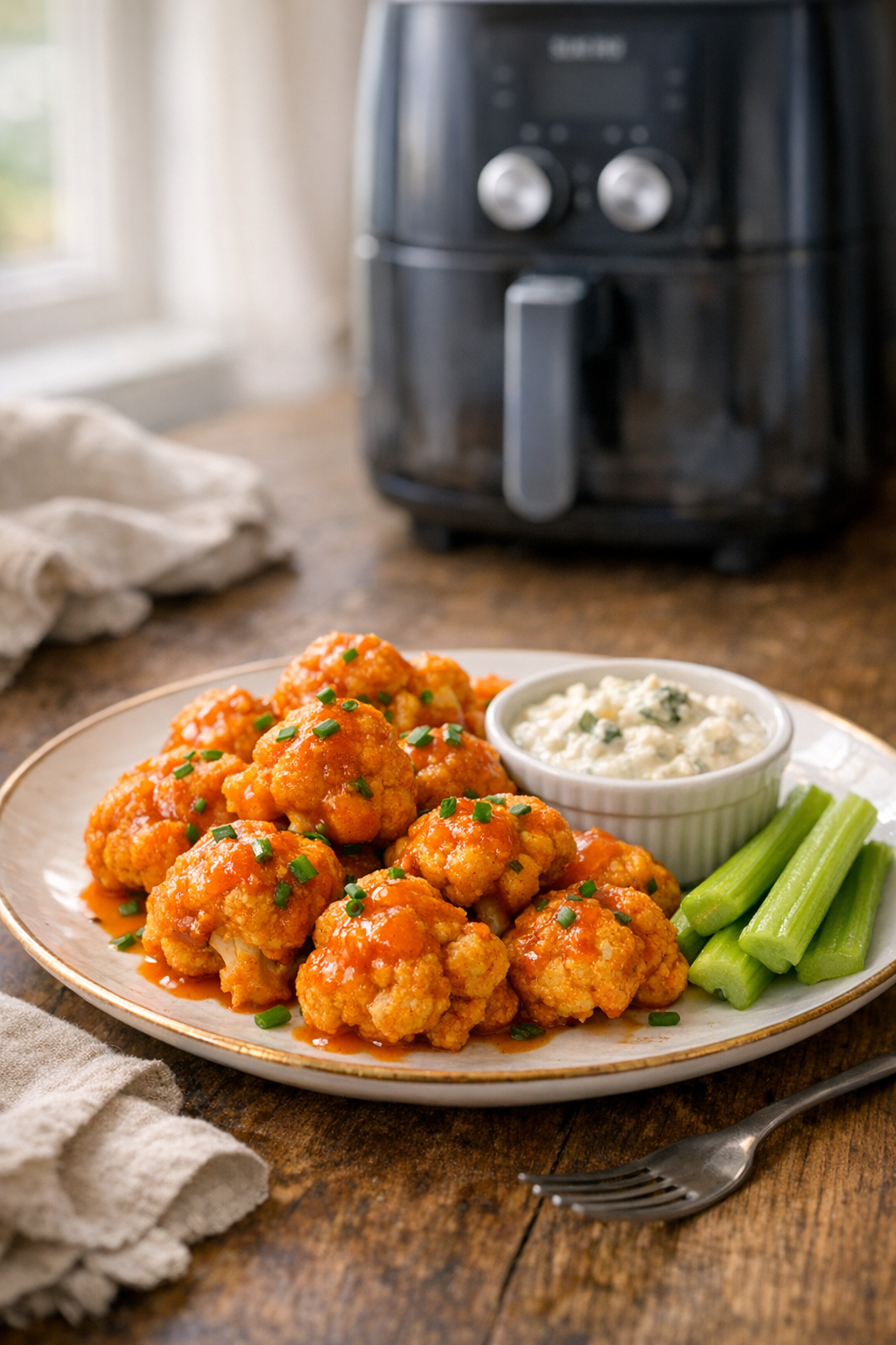 Air Fryer Buffalo Cauliflower Bites (Blue Cheese Dip)