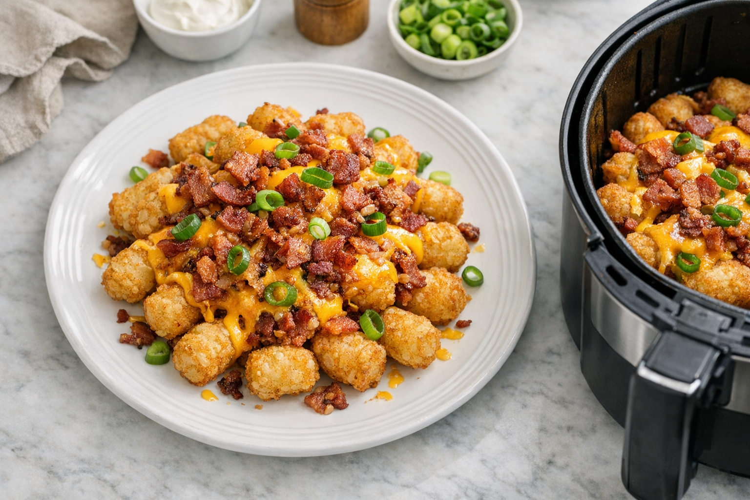 Air Fryer Loaded Tater Tots (Cheese, Bacon, Scallions)