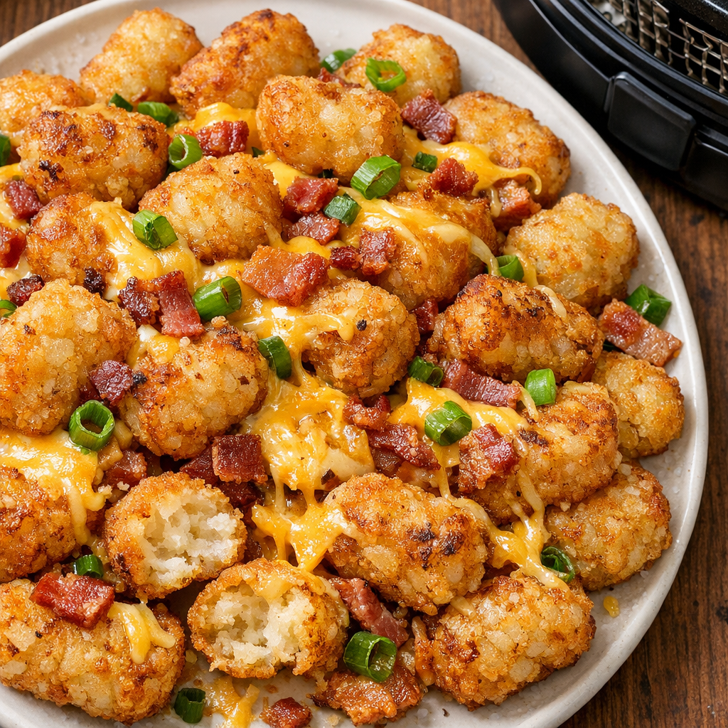 Air Fryer Loaded Tater Tots (Cheese, Bacon, Scallions)