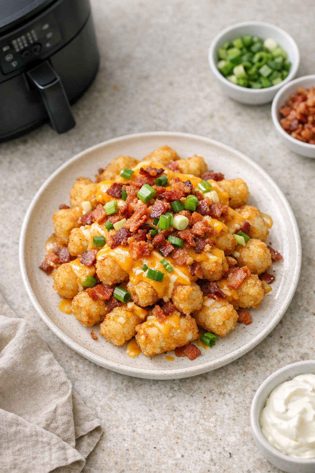 Air Fryer Loaded Tater Tots with Cheese Bacon and Scallions