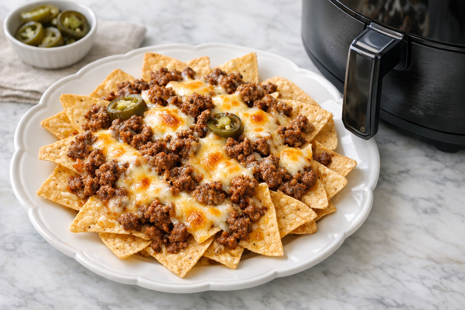 Air Fryer Nachos with Ground Beef and Melted Cheese