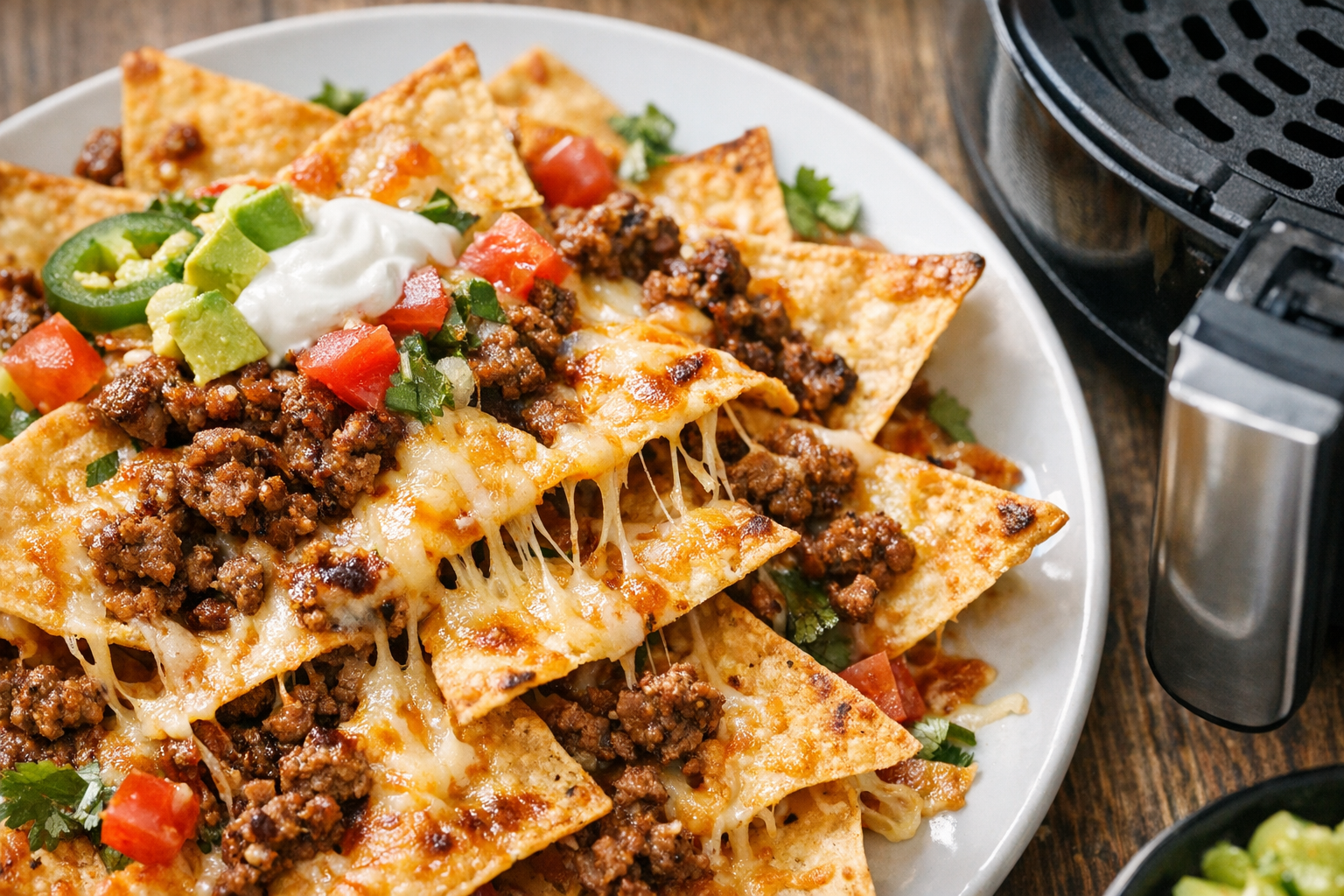 Air Fryer Nachos with Ground Beef and Melted Cheese