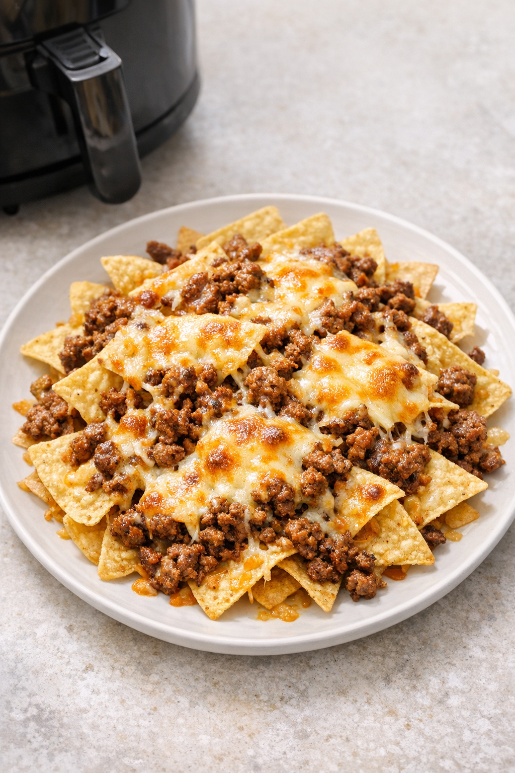 Air Fryer Nachos with Ground Beef and Melted Cheese