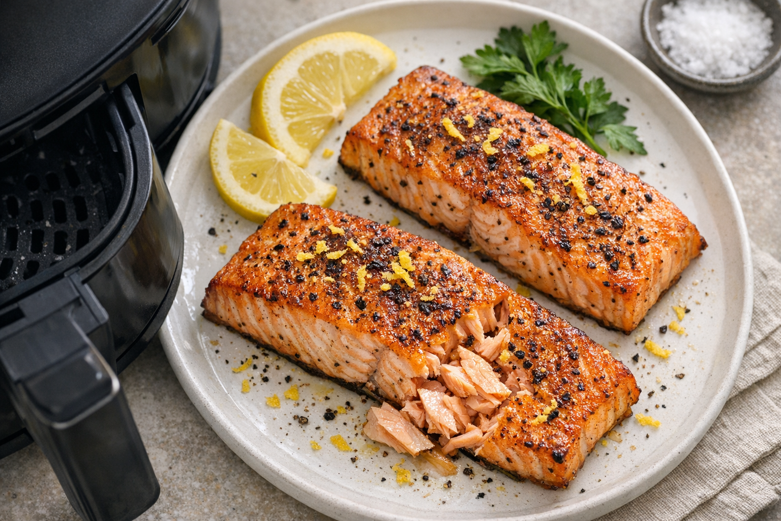 Air Fryer Salmon with Lemon Zest & Cracked Pepper