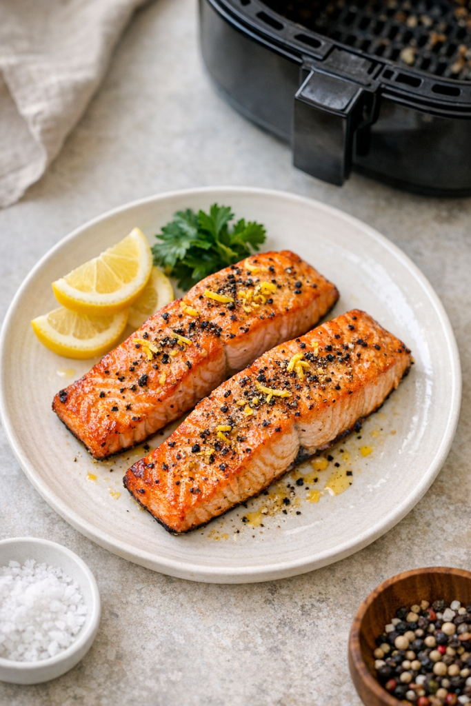 Air Fryer Salmon Fillets with Lemon Zest and Cracked Pepper