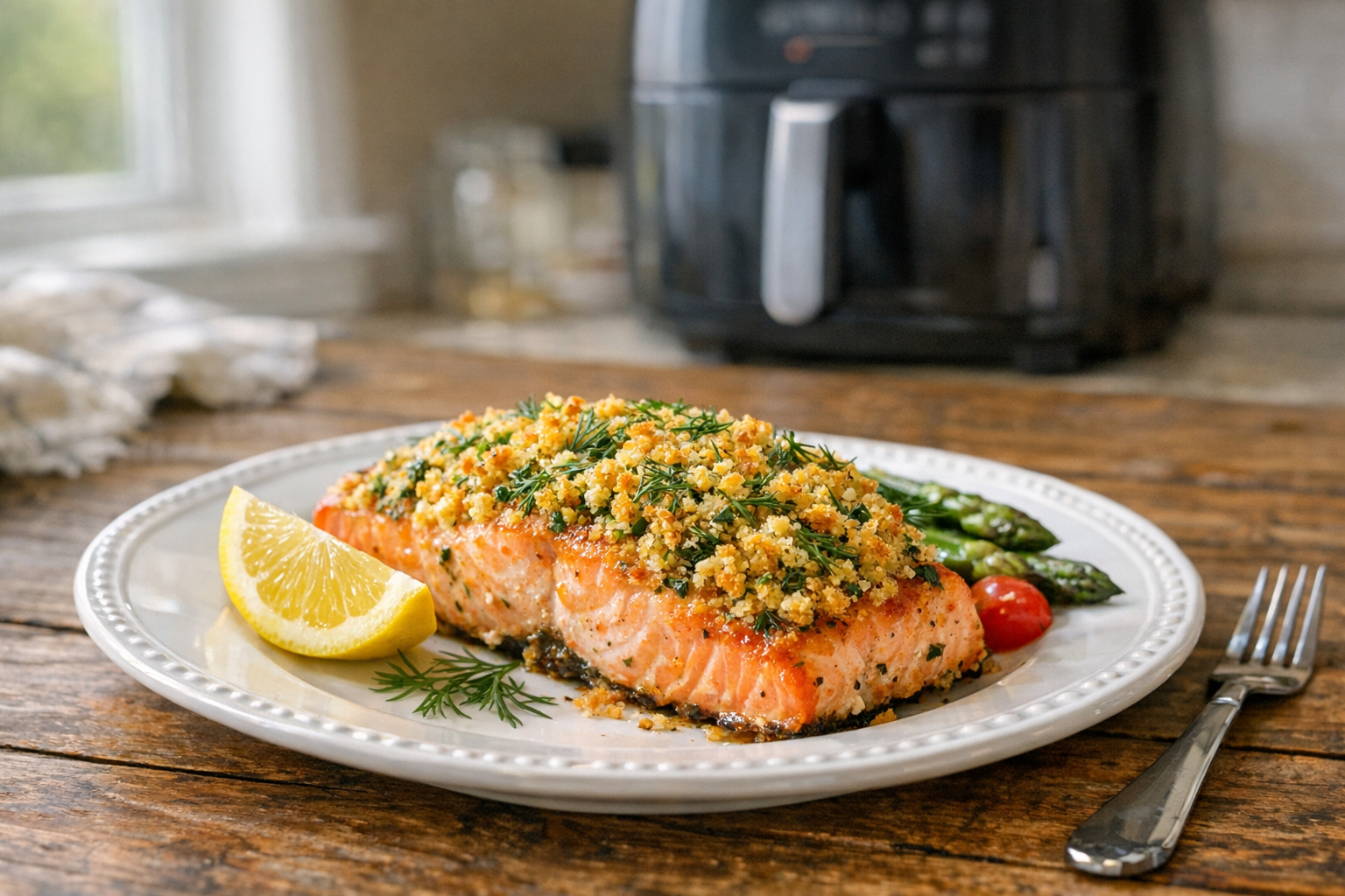 Air Fryer Dijon Crusted Salmon with Fresh Dill