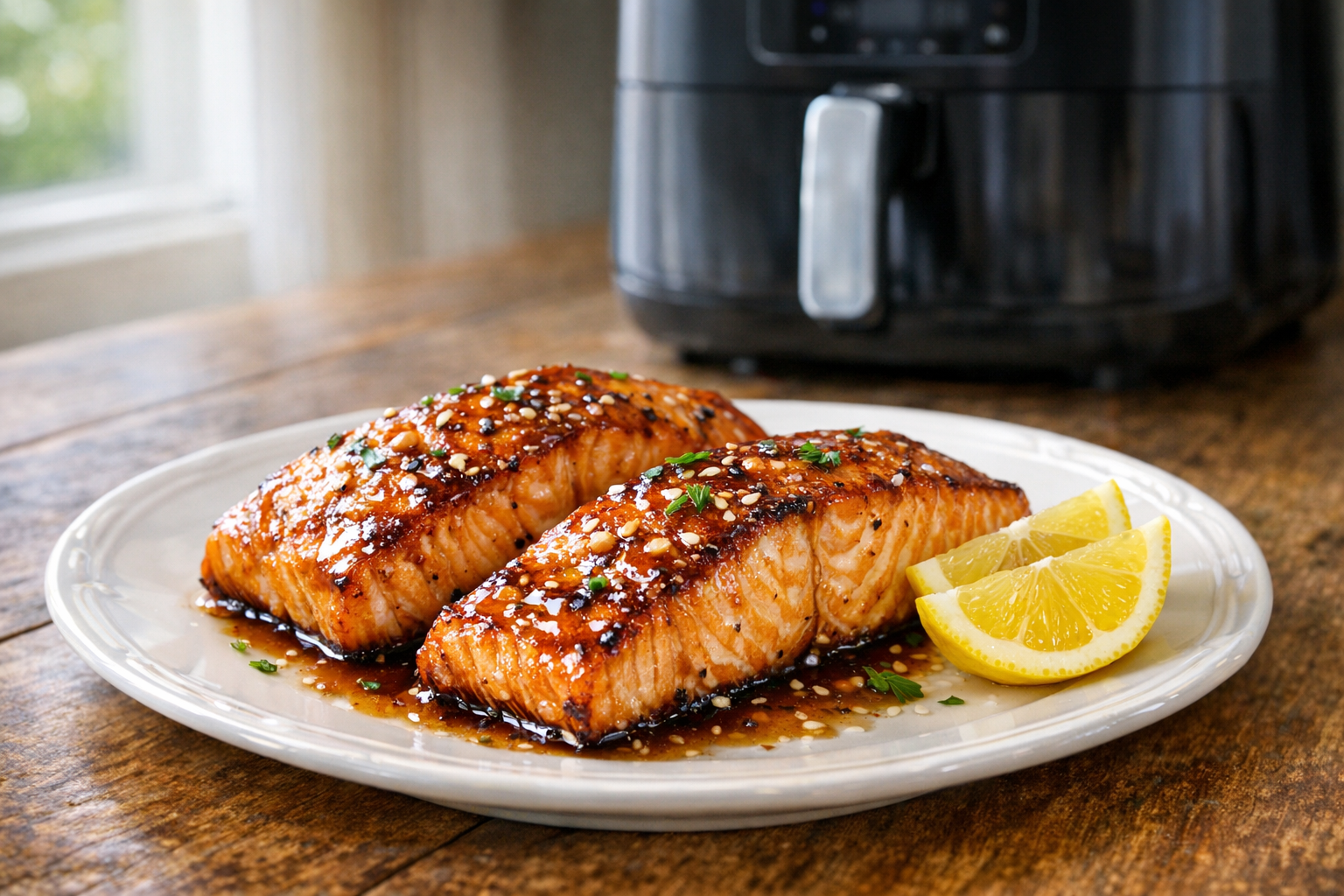 Air Fryer Salmon with Honey Garlic Glaze & Lemon
