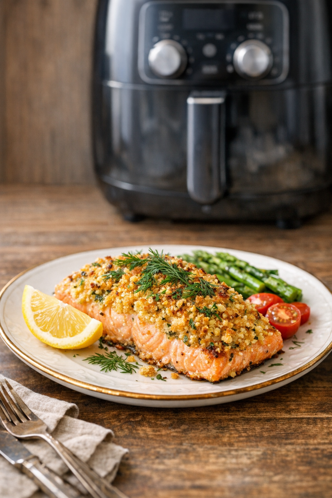Air Fryer Salmon with Dijon Crust and Fresh Dill