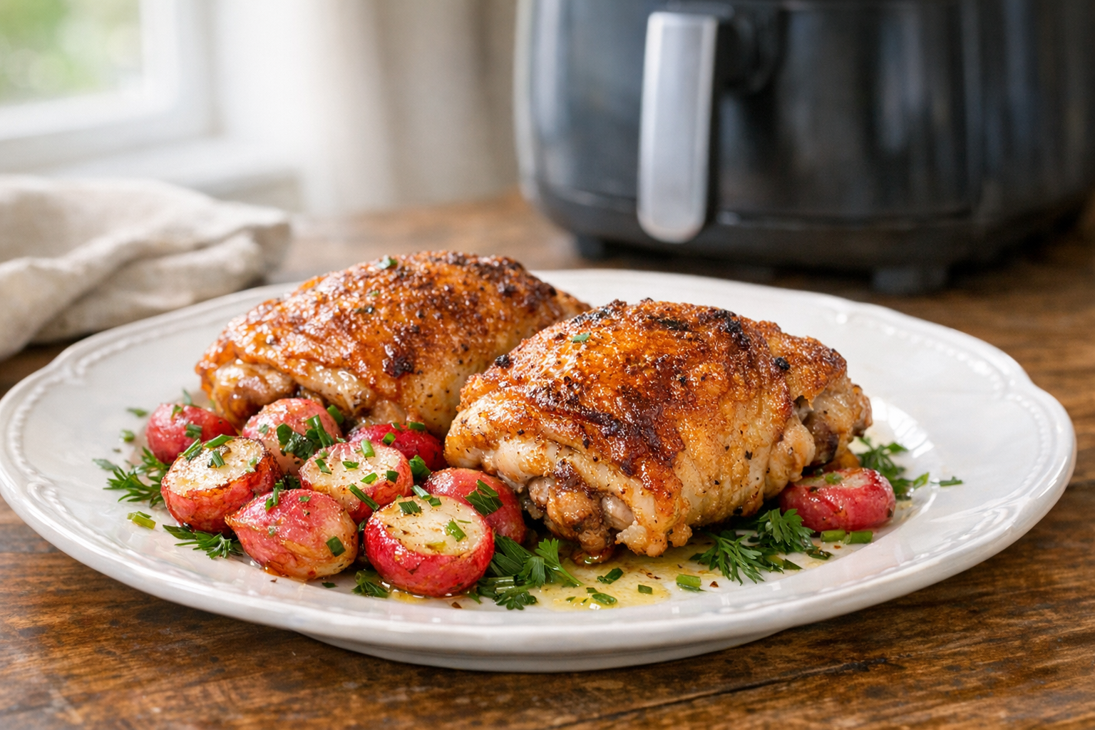 Air Fryer Chicken Thighs with Radishes & Herbs