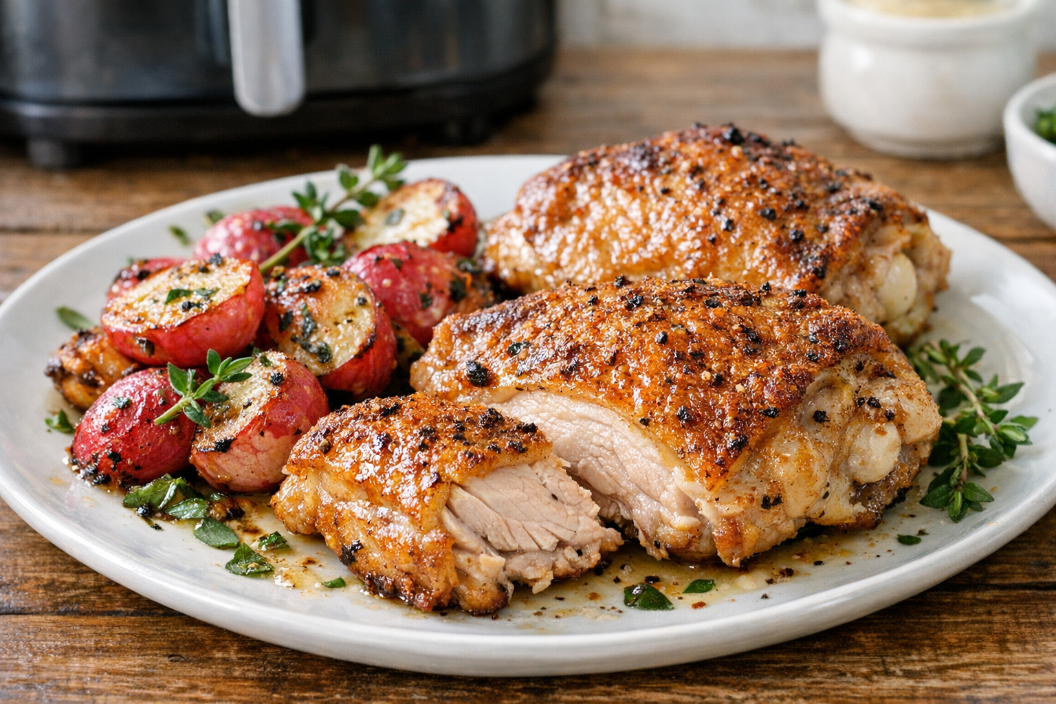 Air Fryer Chicken Thighs with Radishes & Herbs