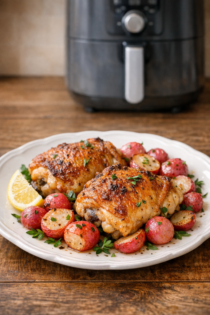 Air Fryer Chicken Thighs with Roasted Radishes and Herbs