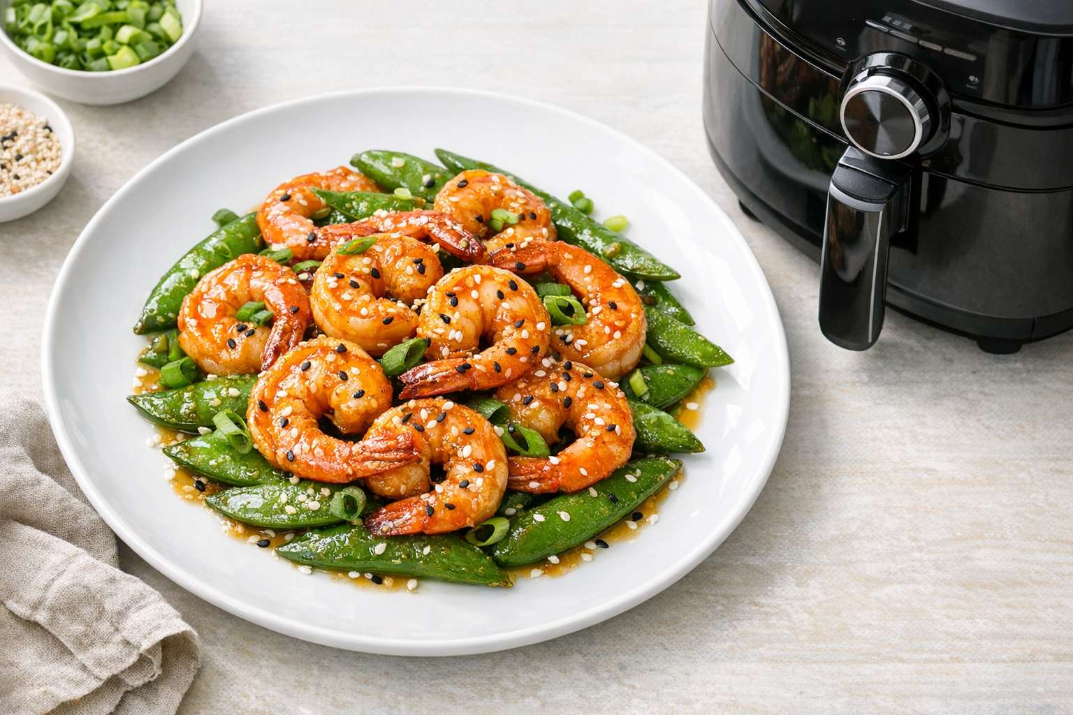 Air Fryer Garlic Ginger Shrimp with Snap Peas