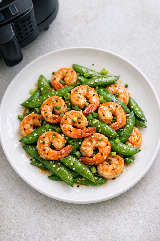 Air Fryer Garlic Ginger Shrimp with Snap Peas