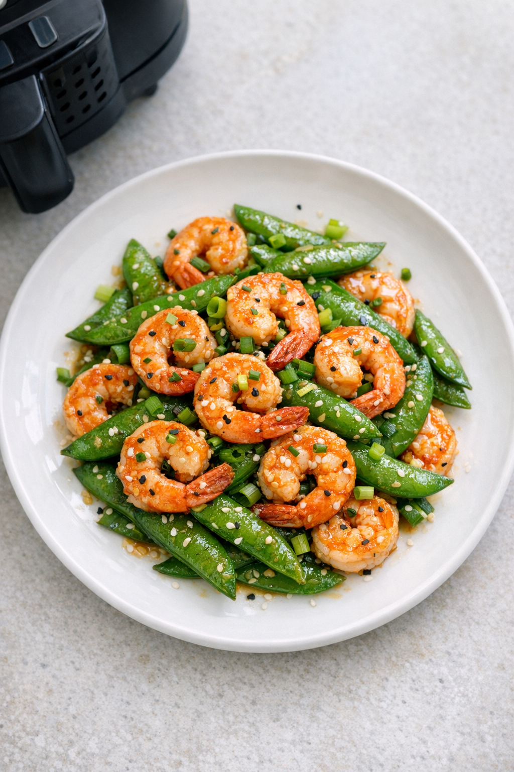 Air Fryer Garlic Ginger Shrimp with Snap Peas