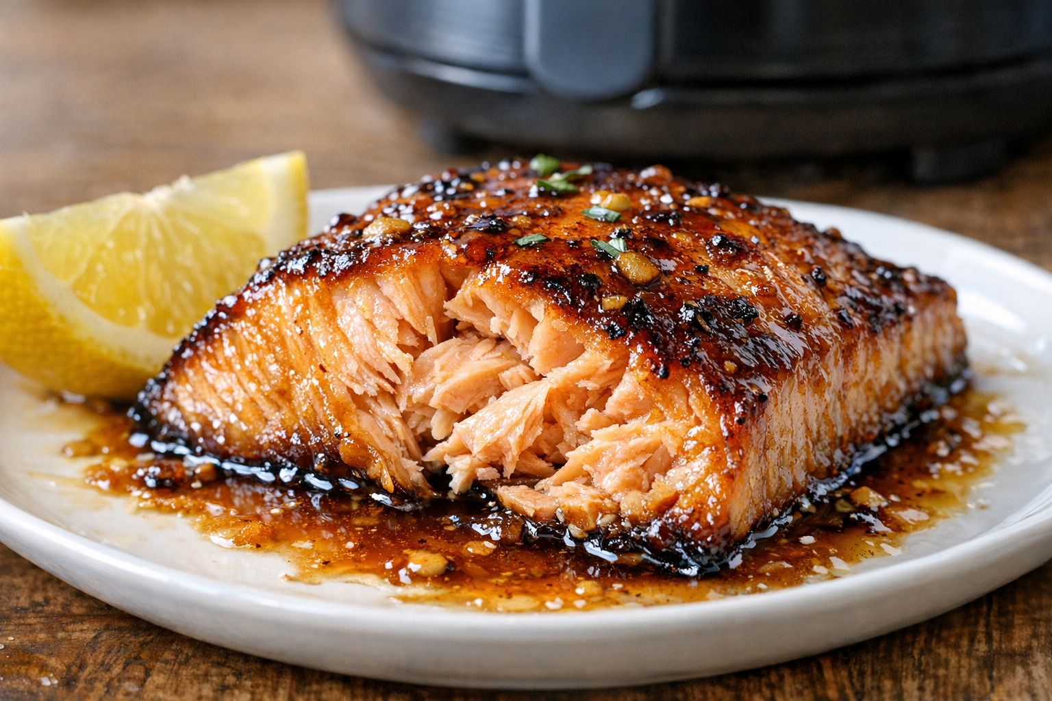 Air Fryer Salmon with Honey Garlic Glaze & Lemon