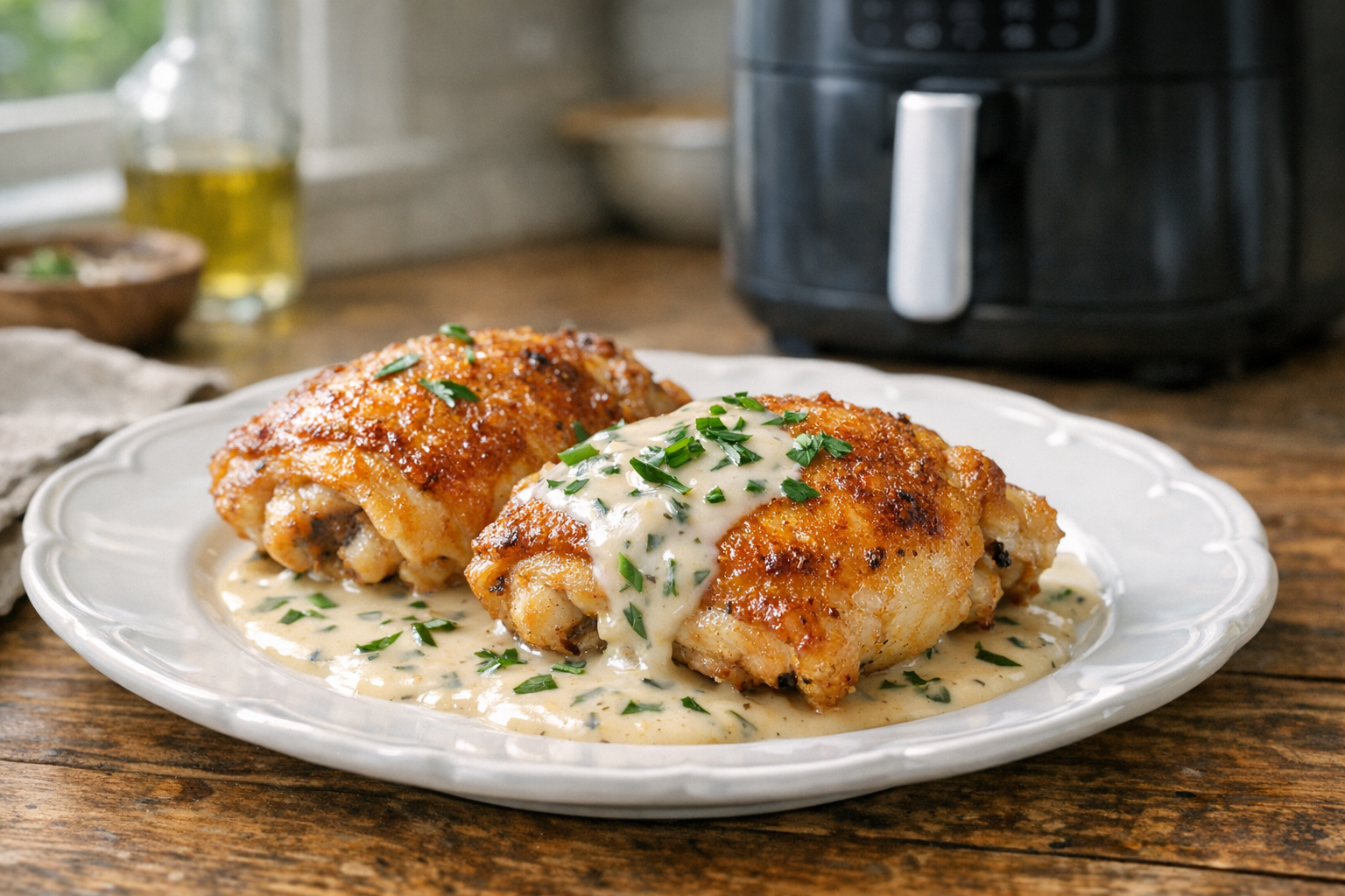 Air Fryer Chicken Thighs with Creamy Tarragon Sauce