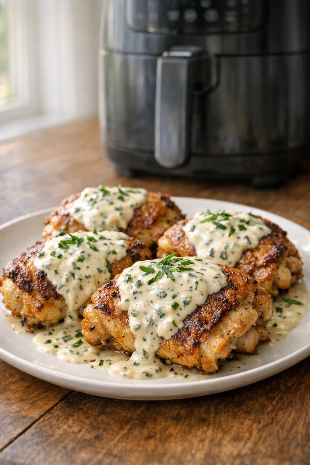 Air Fryer Chicken Thighs with Creamy Tarragon Sauce