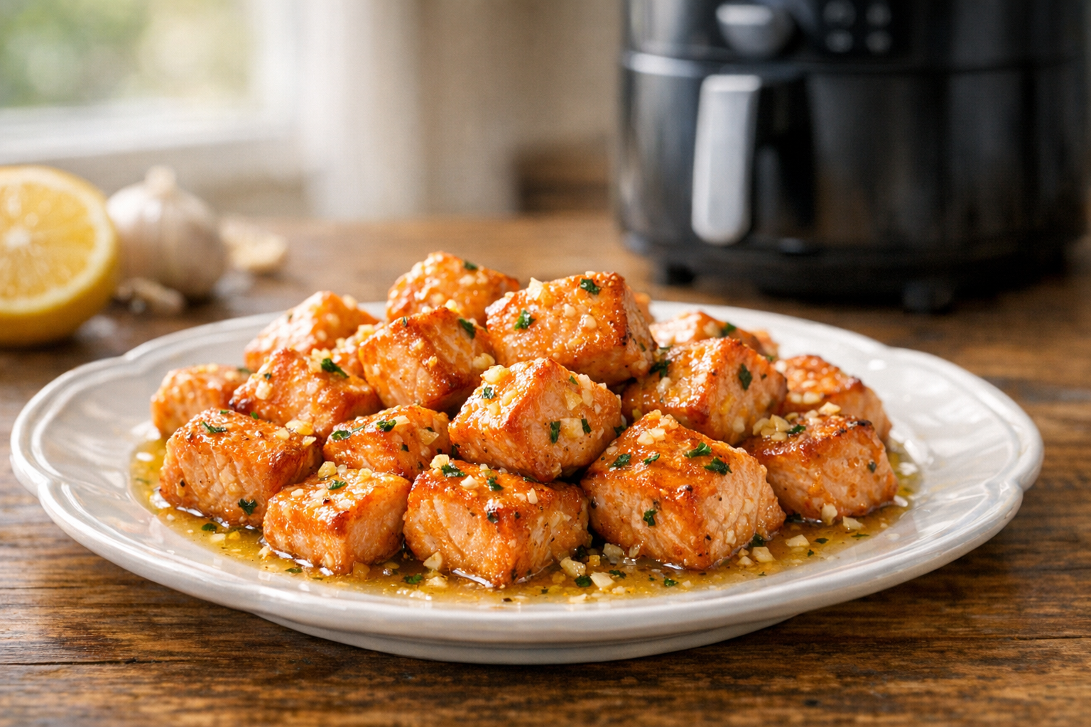 Air Fryer Salmon Bites with Lemon Garlic Butter