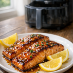 Air Fryer Salmon with Honey Garlic Glaze and Lemon