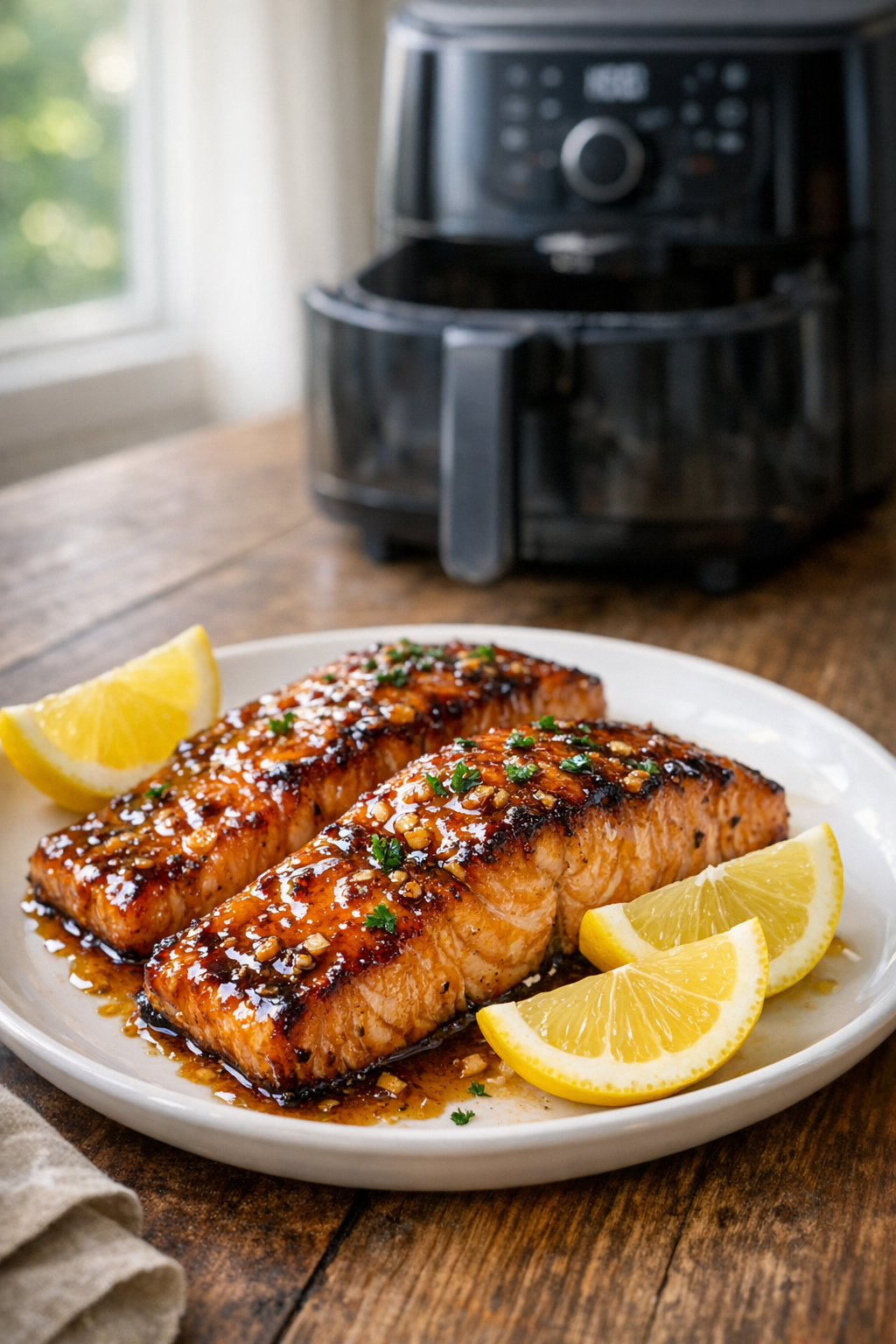 Air Fryer Salmon with Honey Garlic Glaze & Lemon