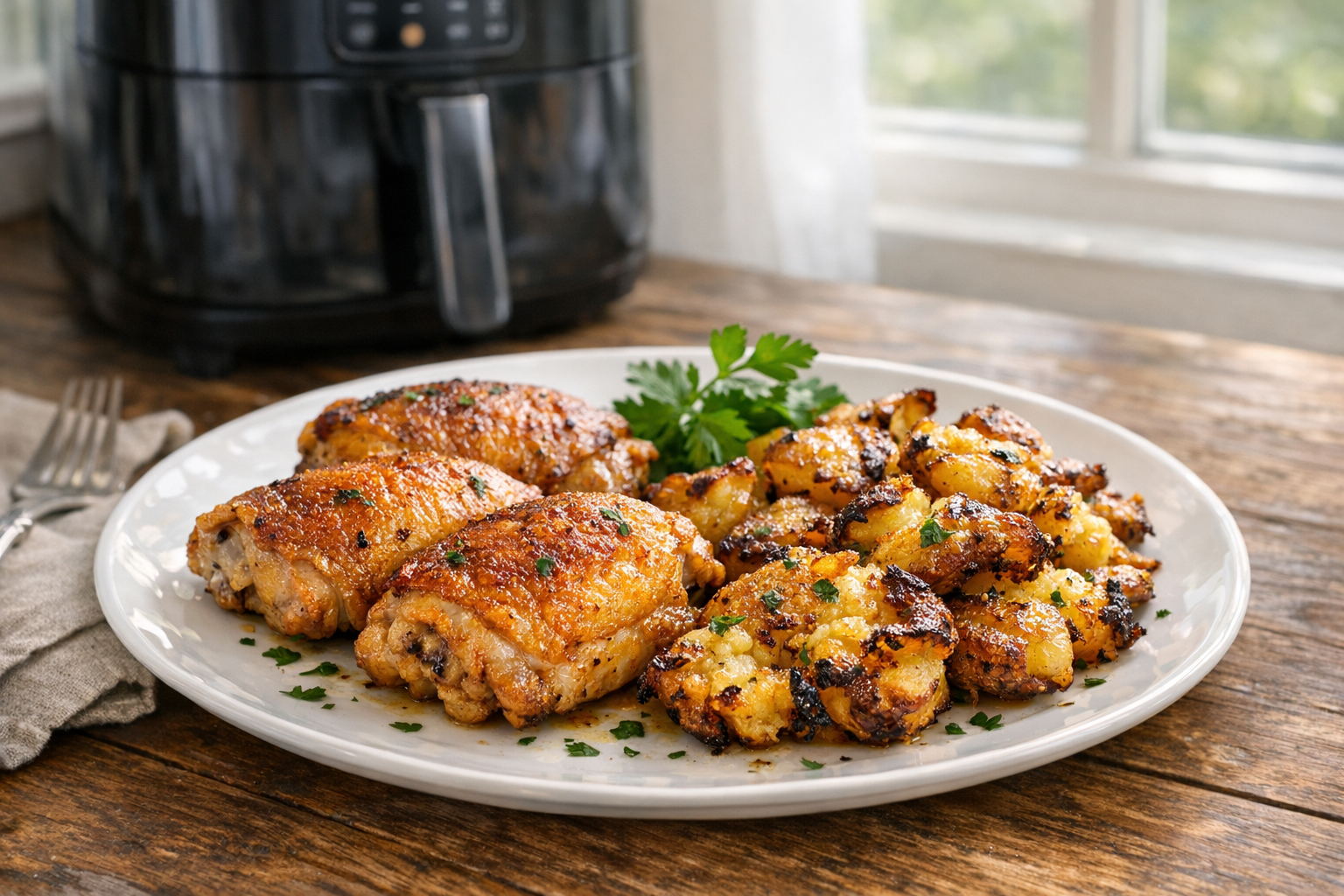 Air Fryer Chicken Thighs & Crispy Smashed Potatoes
