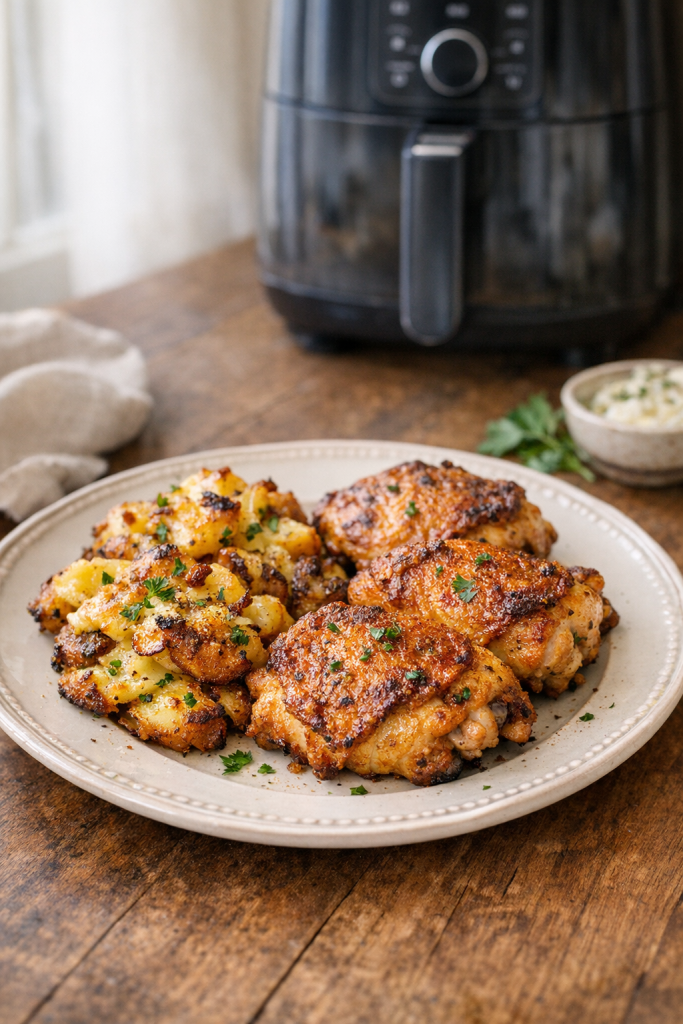 Air Fryer Chicken Thighs with Crispy Smashed Potatoes