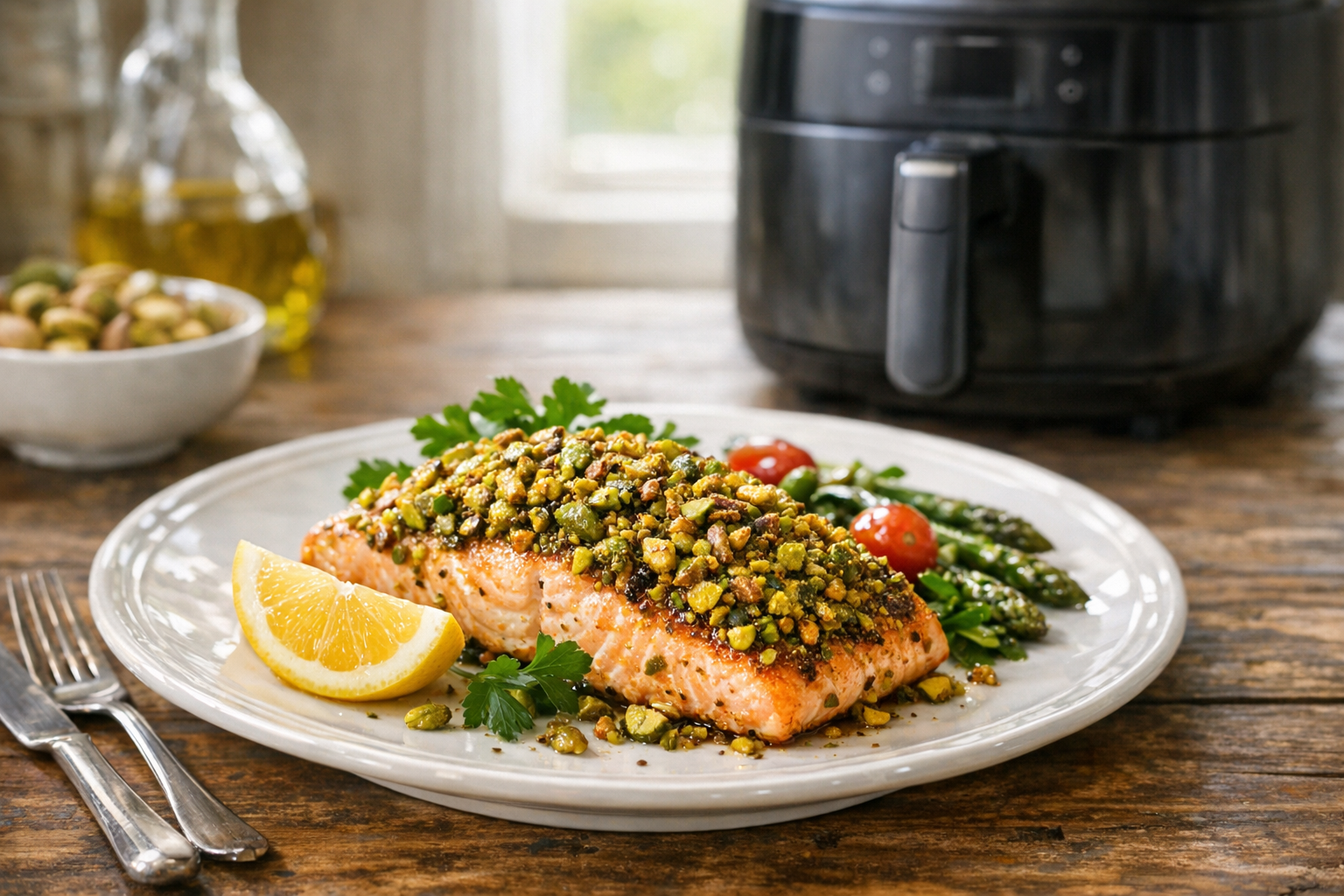 Air Fryer Pistachio Crusted Salmon with Fresh Herbs