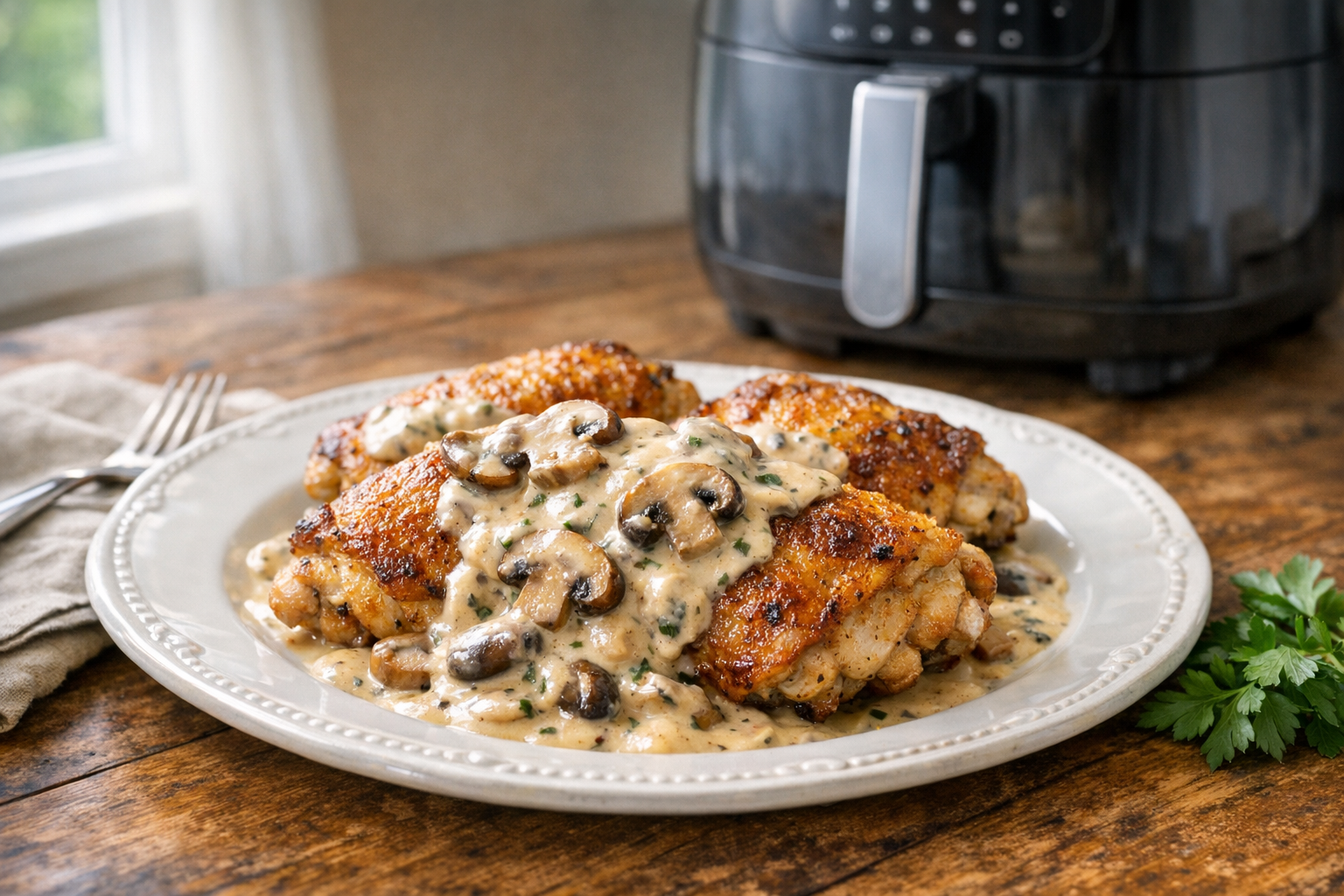 Air Fryer Chicken Thighs with Mushroom Cream Sauce