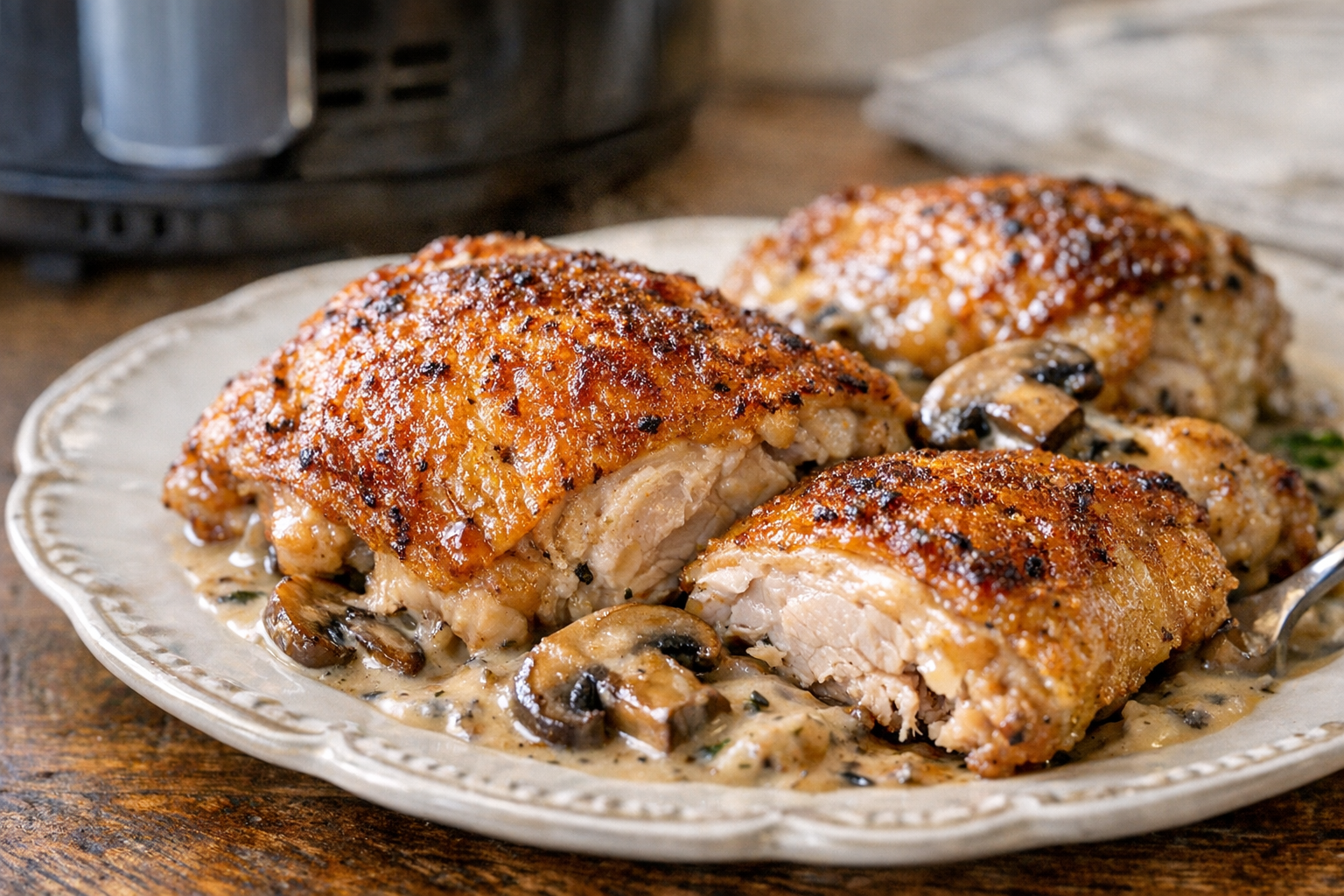 Air Fryer Chicken Thighs with Mushroom Cream Sauce