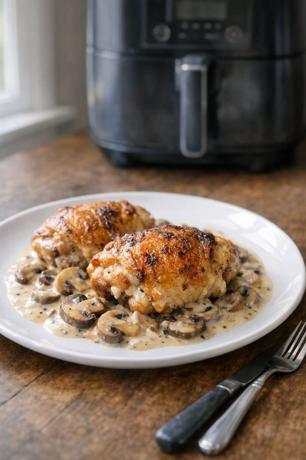 Air Fryer Chicken Thighs with Mushroom Cream Sauce