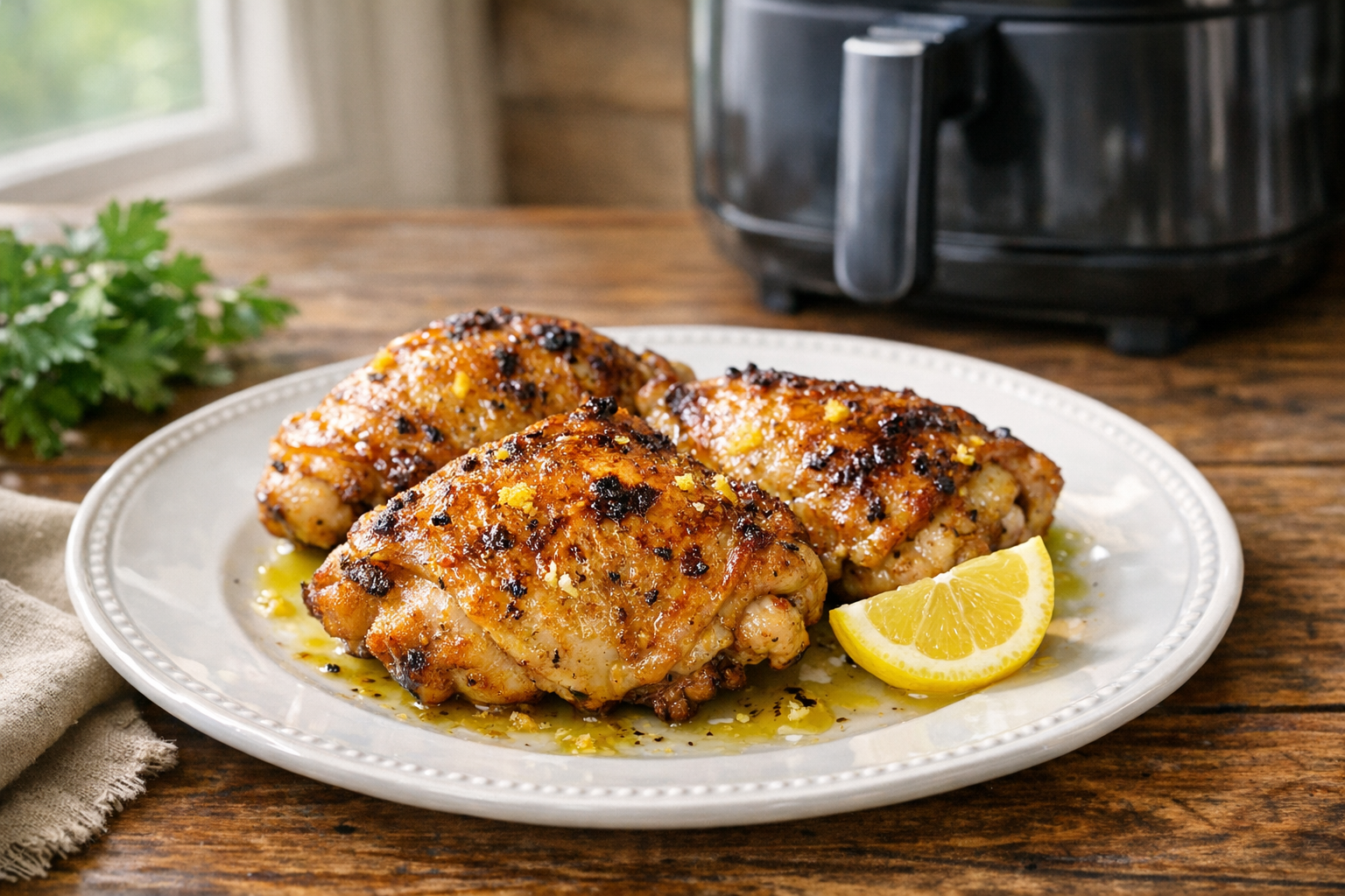 Air Fryer Chicken Thighs with Lemon Olive Oil Marinade