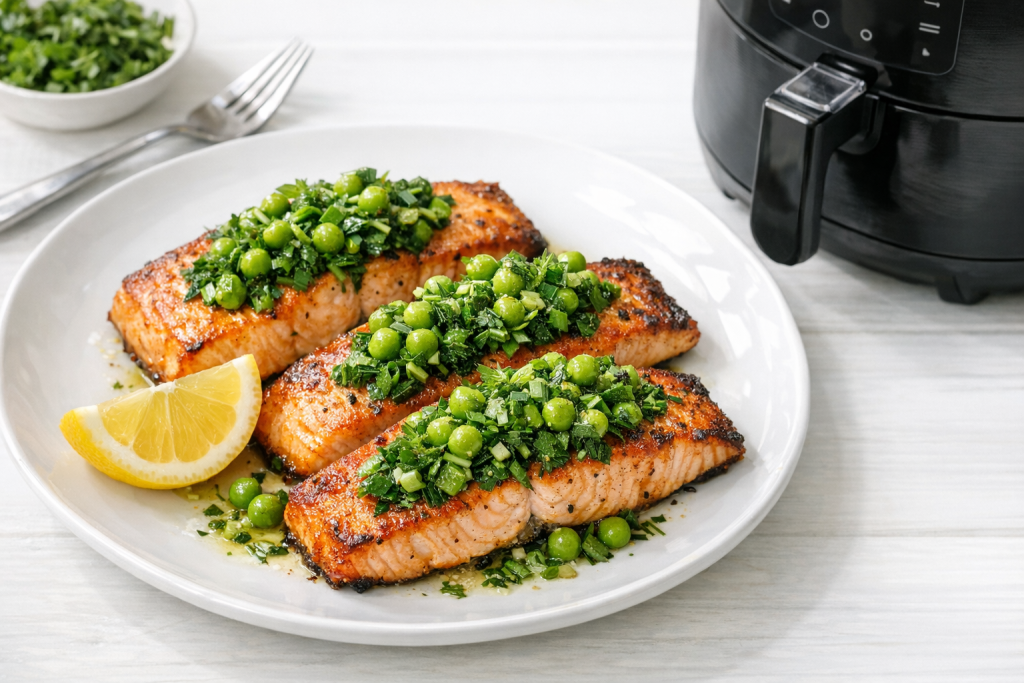 Air Fryer Salmon with Spring Pea and Herb Relish